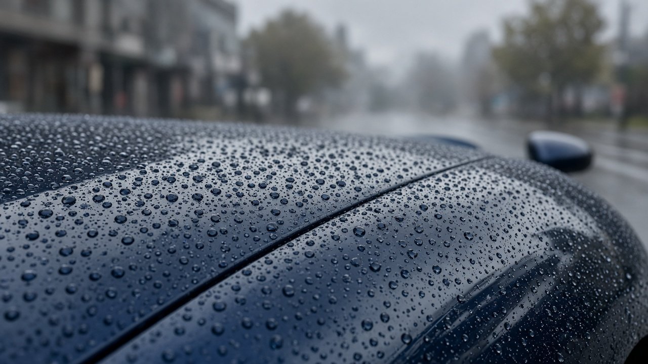 Rain beading on ceramic-coated car paint in wet Metro Vancouver weather