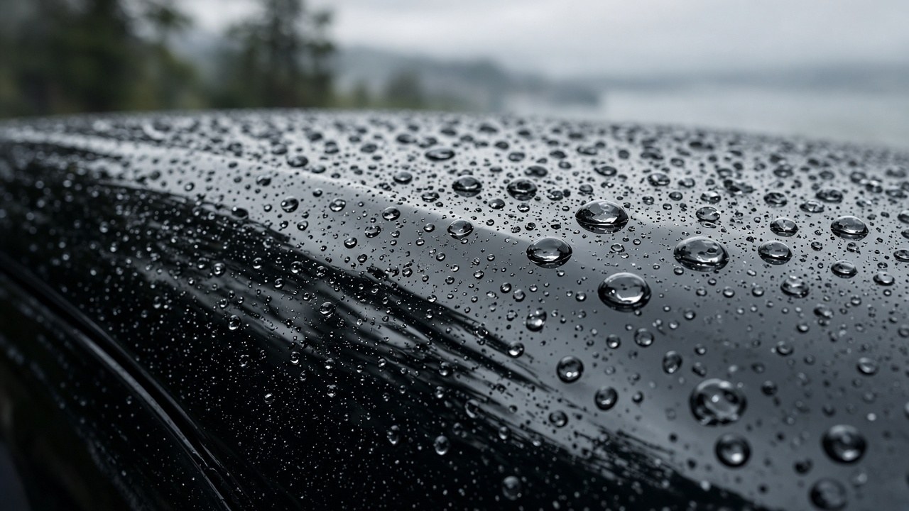 Dark vehicle paint shedding rain beads after ceramic coating prep in Metro Vancouver