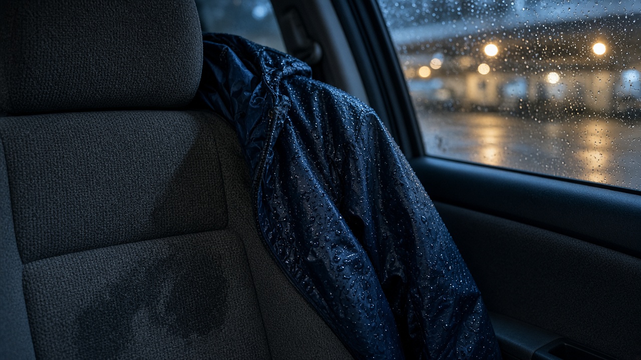 Soaked navy rain jacket draped on a charcoal cloth car seat in a dim Metro Vancouver parkade, with rain on the window and a wet street beyond
