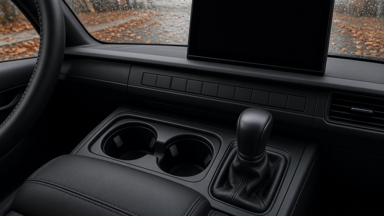 Clean car interior with a leather steering wheel rim and center console, rain on the glass, and a wet fall street in Metro Vancouver