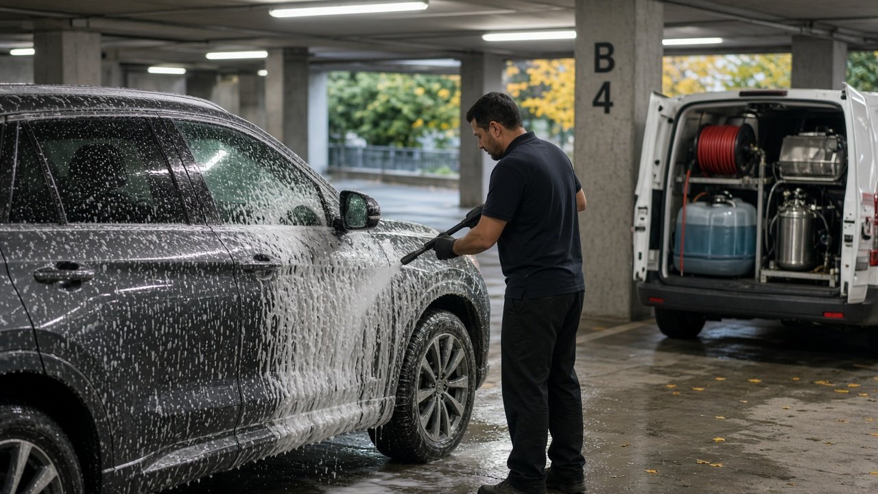 Mobile auto detailing at a Metro Vancouver condo parking stall without a customer water hookup