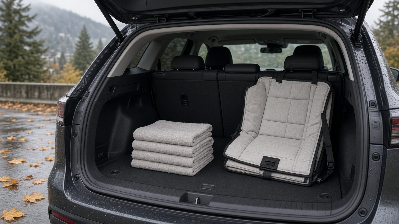 Clean SUV cargo area with the tailgate open on a rainy fall day in Metro Vancouver, a towel and seat cover ready for a dog