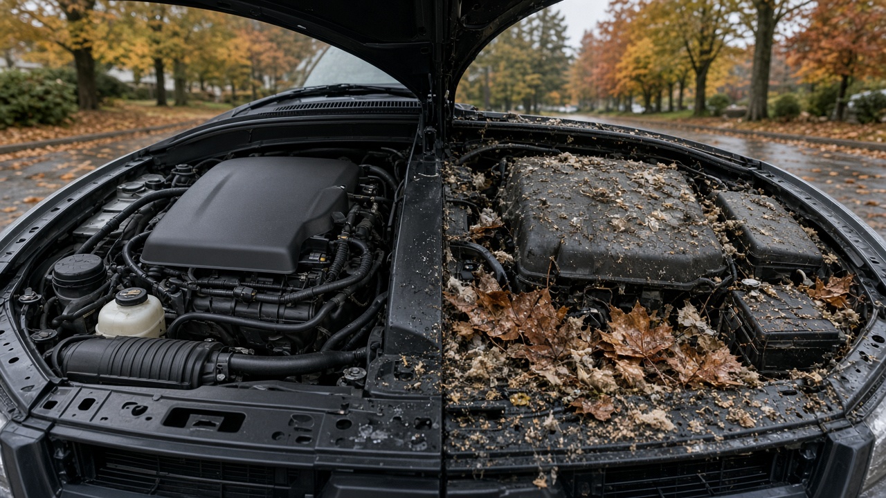 Clean vs dirty car engine bay with fall leaf grit under the hood for Metro Vancouver wet-season prep