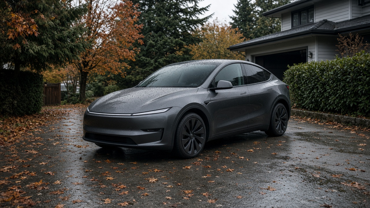 Electric car with rain beading on its glass roof parked in a wet Metro Vancouver driveway in fall