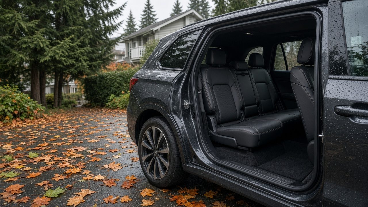 Freshly detailed back seats of a family SUV with the door open in a rainy Metro Vancouver driveway in fall