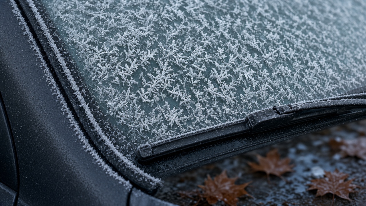 Close view of white frost on a car windshield, a black wiper blade, and a rubber door seal on a cold Metro Vancouver morning