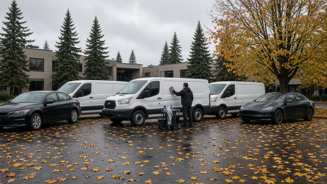 Mobile fleet detailing for company vans in a Metro Vancouver office parking lot in fall