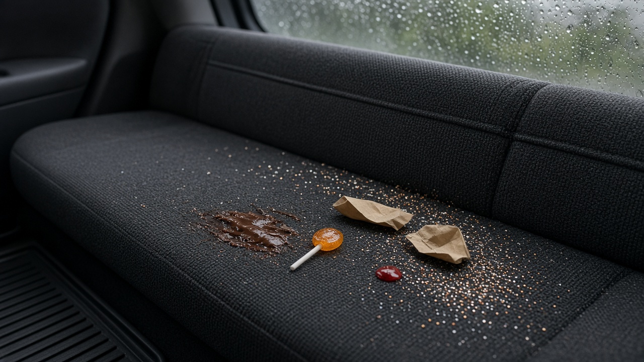 Charcoal fabric back seat with melted chocolate, an orange lollipop, glitter, and a red drip, rain on the glass on a Metro Vancouver October evening