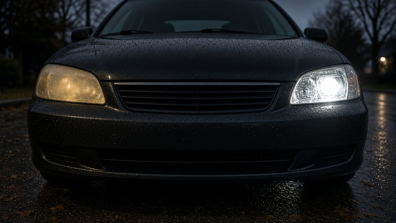Cloudy yellowed car headlight vs restored clear lens for fall dusk driving in Metro Vancouver