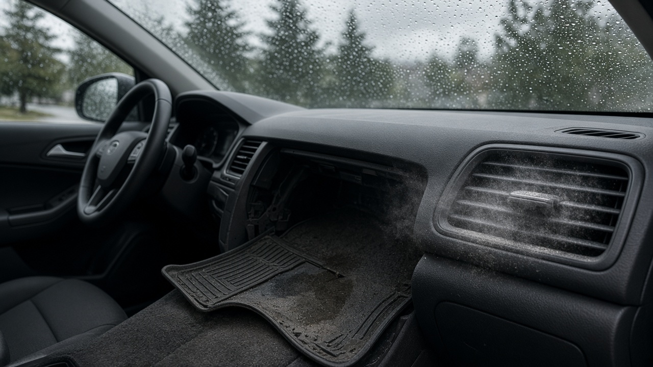 Dusty dashboard air vents with a fine dust puff and a rubber floor mat folded back over damp carpet in a rainy Metro Vancouver cabin