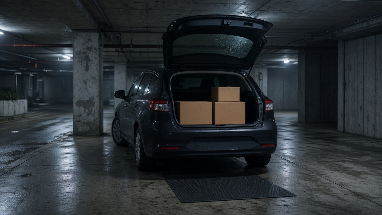 Open hatch of a dark car with plain cardboard parcels and a wet floor mat in a rainy Metro Vancouver parkade