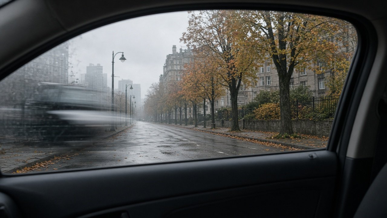 Hazy interior cabin side glass looking out on an overcast wet Metro Vancouver street with soft dash reflection