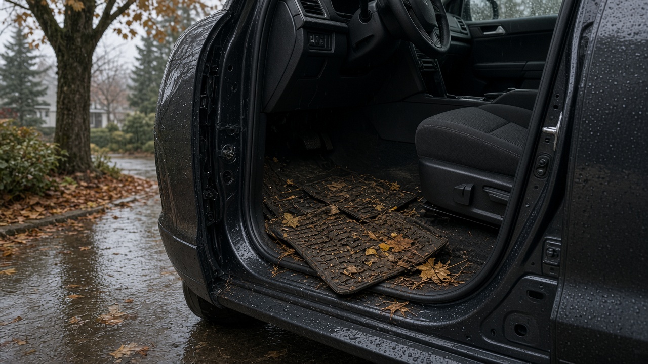 Muddy wet floor mats and a damp SUV cabin on a rainy Vancouver driveway before an interior deep clean