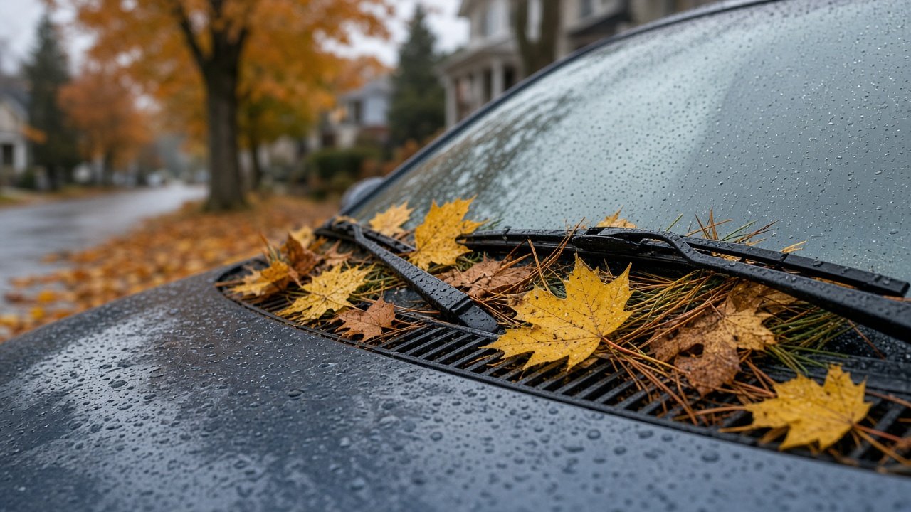 Wet autumn leaves clogging the cowl vent and wiper area on a Metro Vancouver car