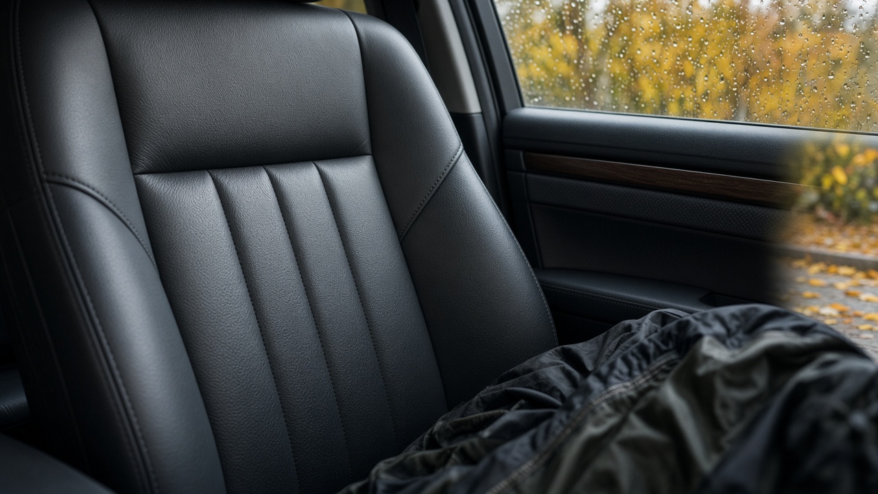 Conditioned dark leather car seats on an overcast Metro Vancouver fall day