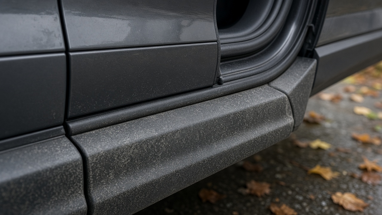 Chalky black exterior plastic cladding and rubber door weatherstrip on a Metro Vancouver vehicle before fall wet-season trim and seal care