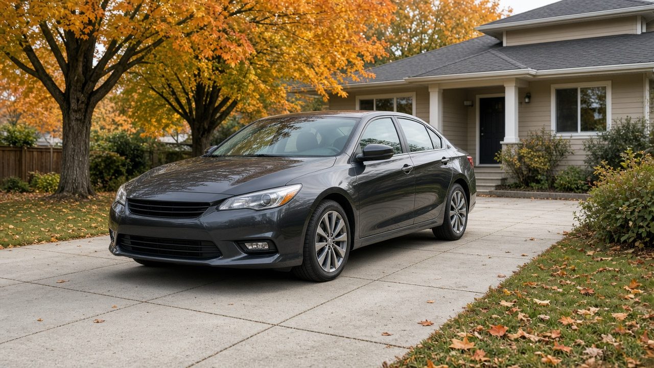 Freshly detailed used car parked in a Metro Vancouver driveway on a dry fall day, ready for sale photos