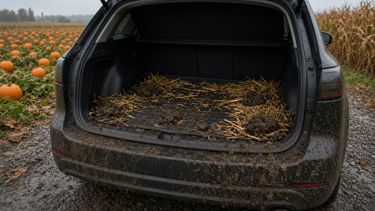 Open SUV cargo area with straw, field mud, and a muddy rear bumper on a wet Fraser Valley farm lane in late October
