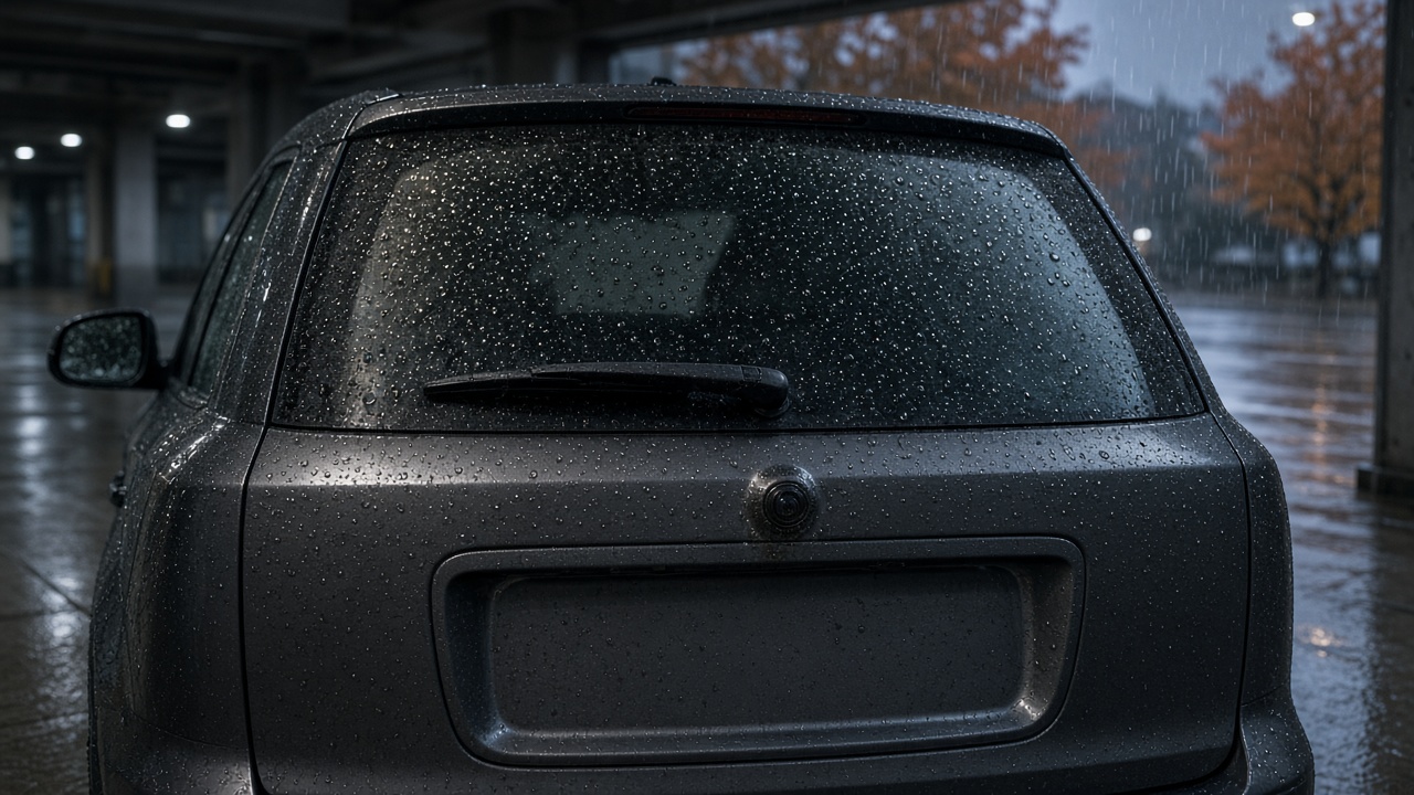 Rain-specked rear hatch glass, a wet side mirror, and a filmed backup camera on a dark SUV in a Metro Vancouver parkade on a rainy fall evening