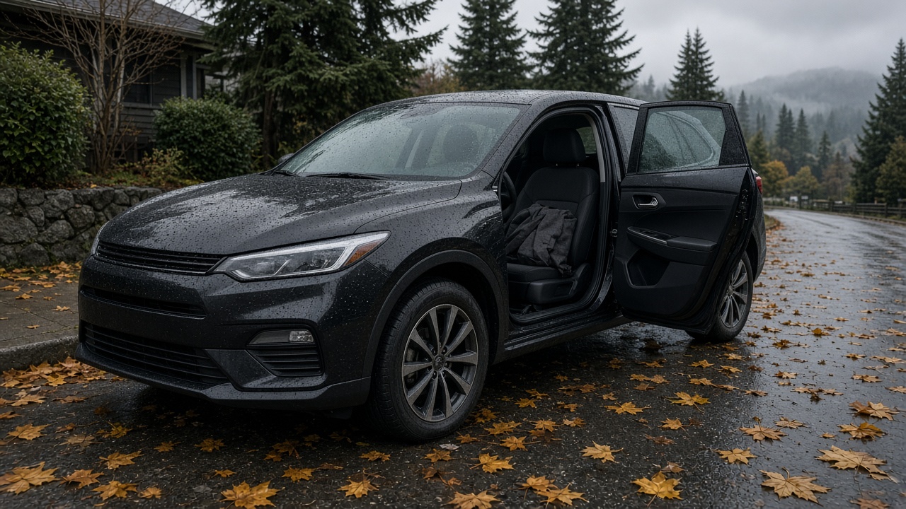 Dark crossover with rain on the glass and an open door, a folded coat on the seat, and wet maple leaves on a Metro Vancouver street in late October