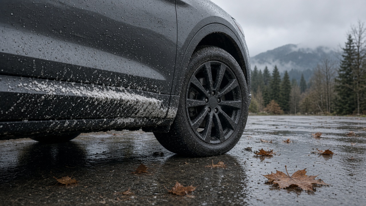 Pale brine residue on a dark SUV rocker panel and alloy wheel in a wet November Metro Vancouver driveway