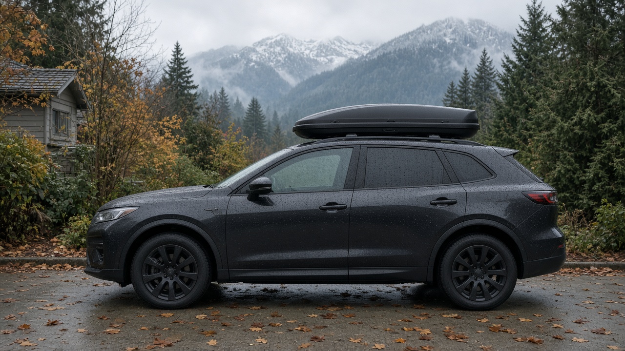 Dark SUV with a roof ski box parked in a wet Metro Vancouver driveway in late fall, water beading on the paint, misty North Shore mountains with early snow behind