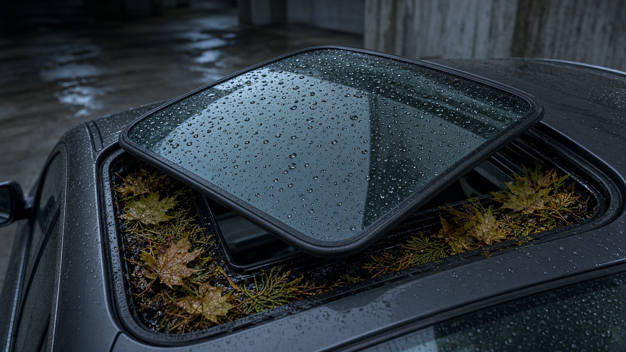 Tilted sunroof glass with raindrops, wet maple leaves, and cedar needles packed in the drain tray on a dark SUV in a rainy Metro Vancouver parkade