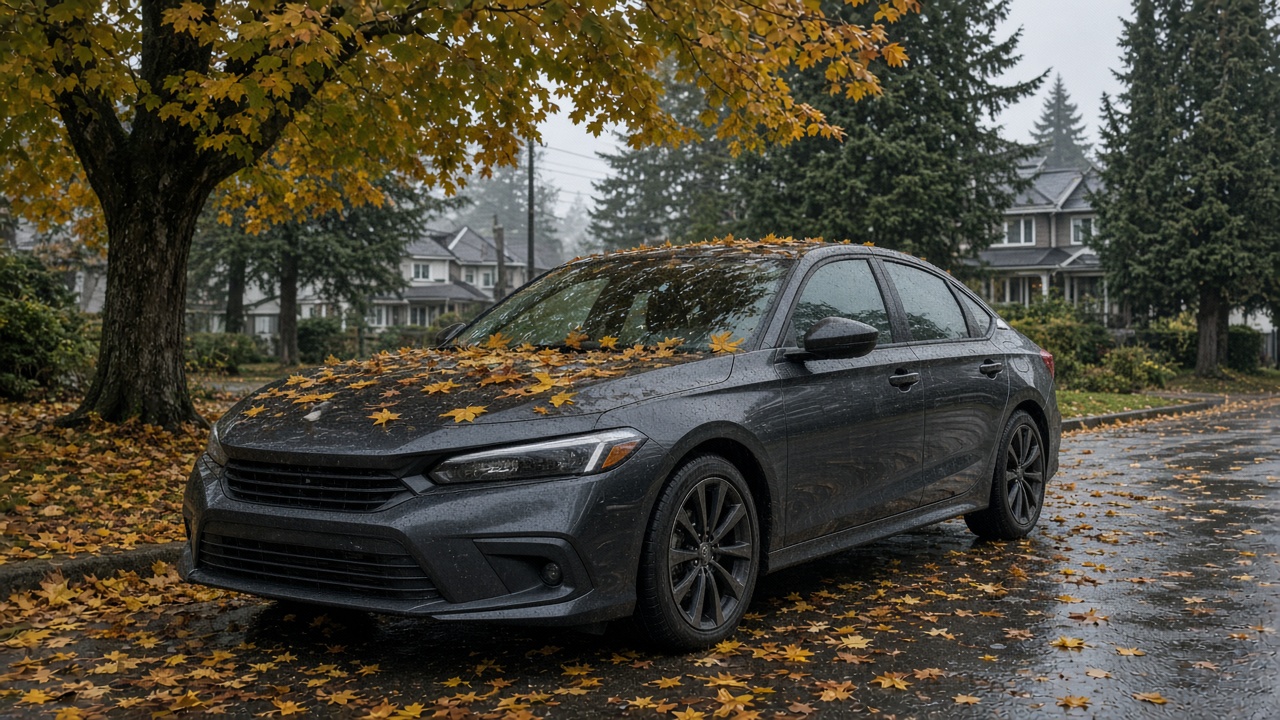 Dark sedan under fall maples on a wet Metro Vancouver street, with autumn leaves stuck across the hood and roof