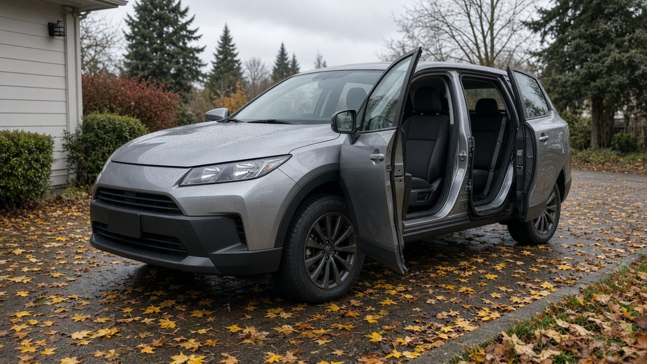 Freshly detailed used SUV with its doors open in a rainy Metro Vancouver driveway in fall