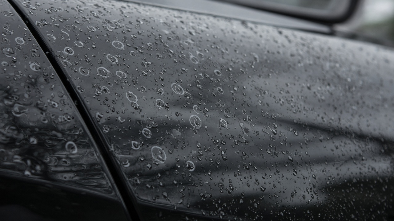 Rain water spots and mineral marks on vehicle paint after Metro Vancouver wet-season showers