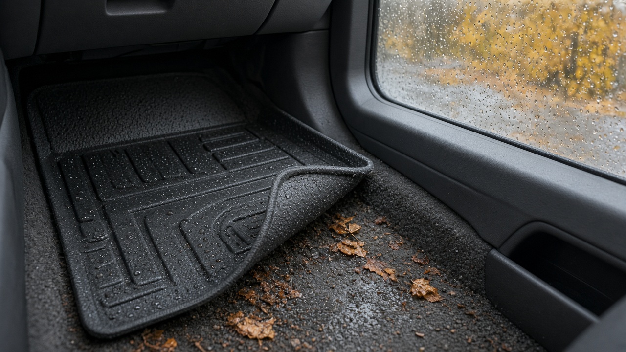 Wet all-weather rubber car floor mat lifted to show damp carpet and leaf grit underneath on an overcast Metro Vancouver fall day