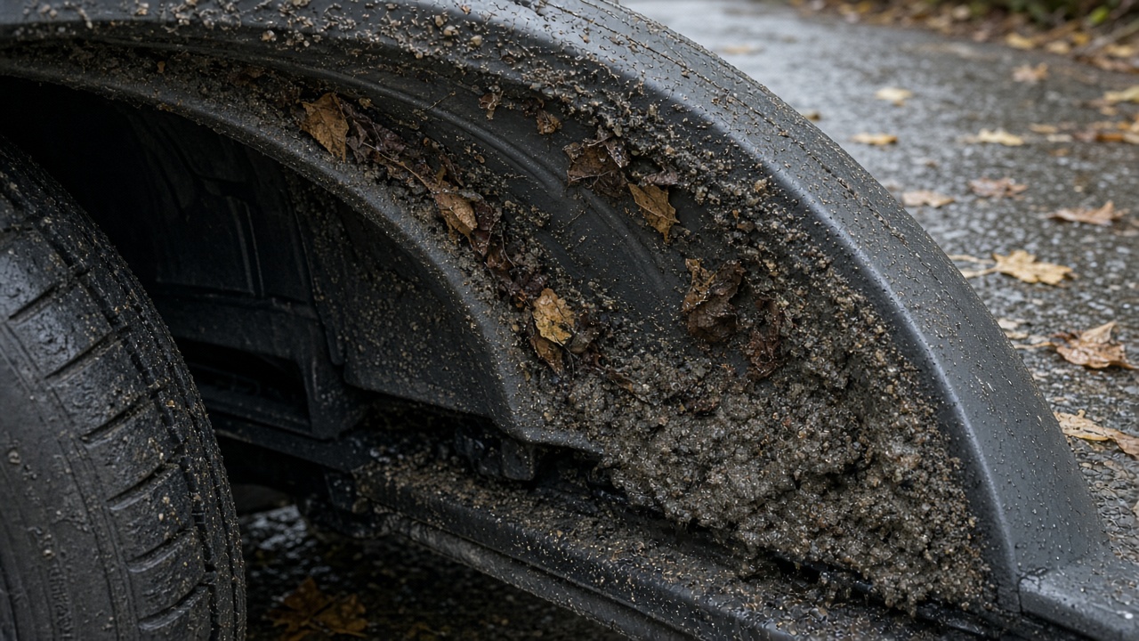 Muddy grit packed in a car wheel well after Metro Vancouver fall rain for wet-season undercarriage prep