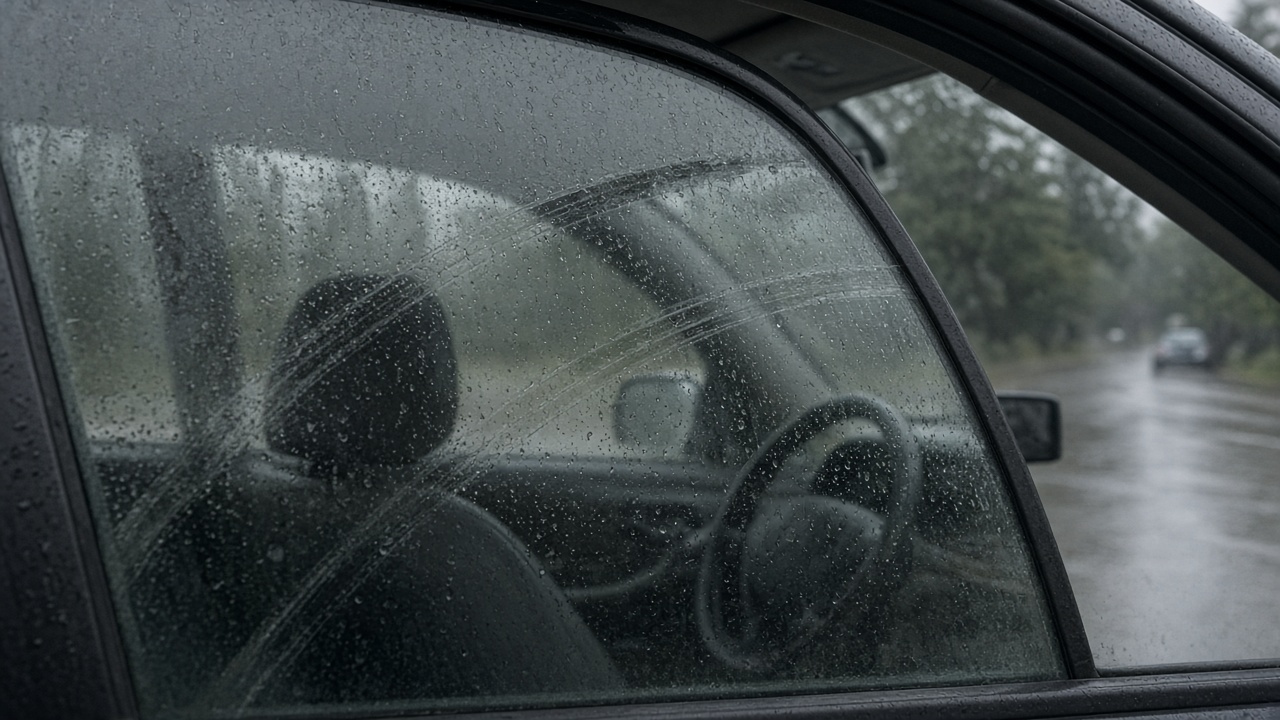 Rainy Metro Vancouver windshield with streaky wiper arcs after fall road film for wet-season glass clarity