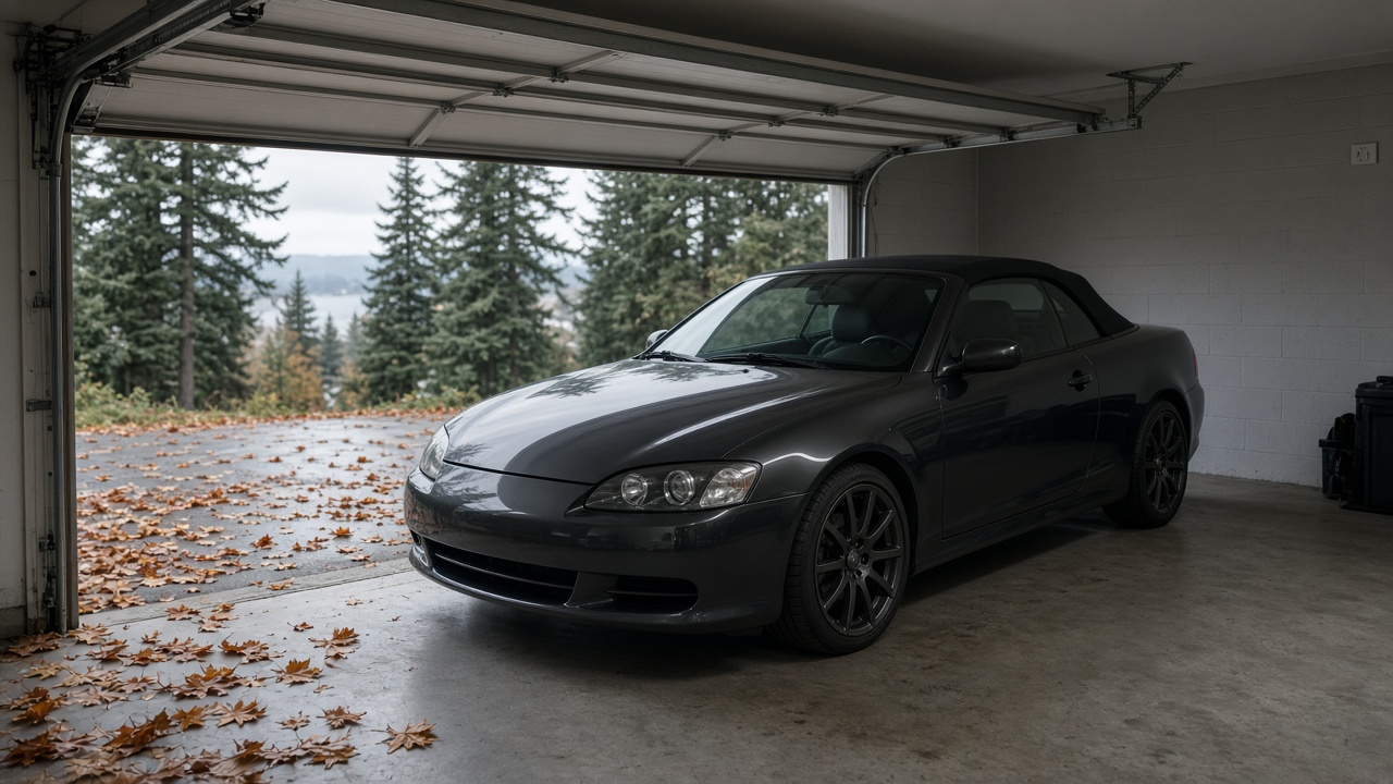 Clean dark convertible parked in a Metro Vancouver garage in fall, with wet leaves and grey light outside the open door