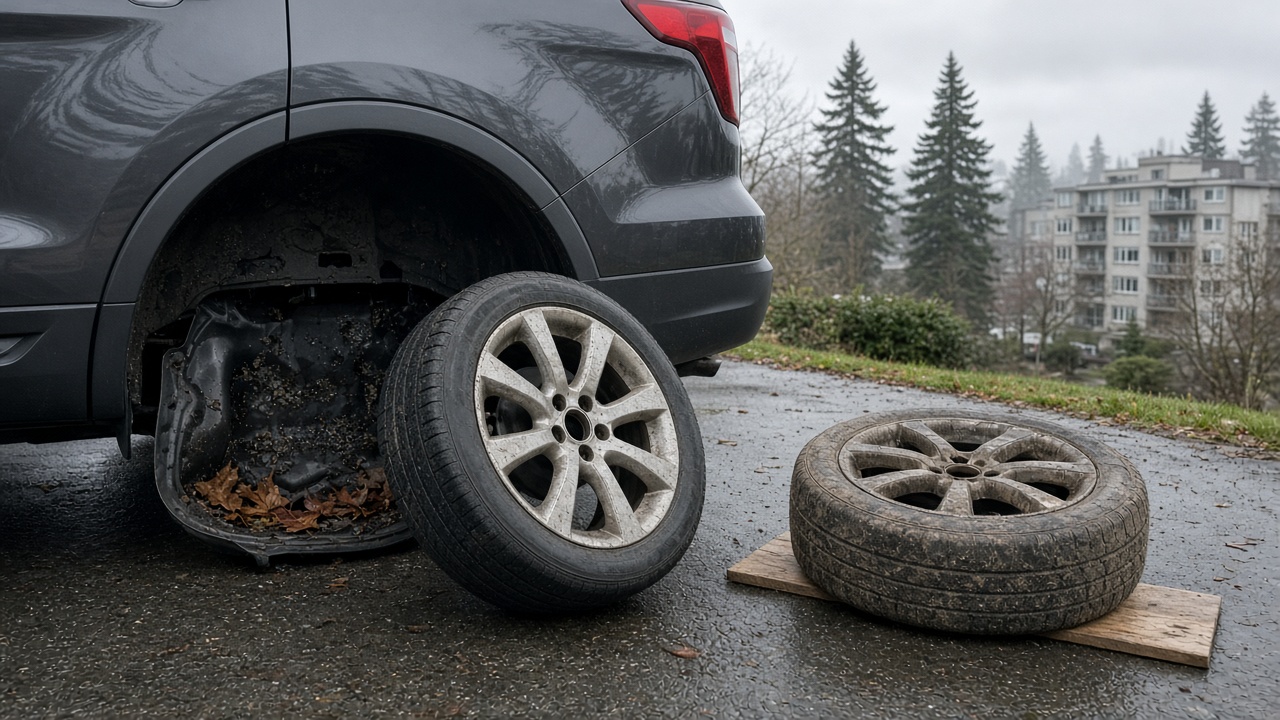 Alloy wheels with brake dust and a dusty summer tire set in a wet Metro Vancouver driveway during an October tire swap, grey rain and an empty wheel well